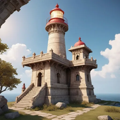 Prompt: Lighthouse, tower, ancient Indian architecture, complete structure, rpg-fantasy, rich ornaments, limestone material 