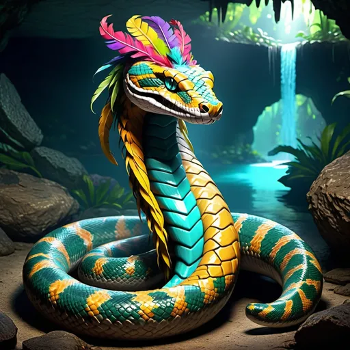 Prompt: Full body, mayan mystical feathered snake-creature, head of a snake, body of a snake covered in feathers, colorfull tail feathers, no legs, no limbs, no wings, colorfull, majestic appearance, mystical atmosphere, intense, detailed, game-rpg style, dim lighting, fantasy, detailed character design, atmospheric, otherwordly ambiance, underground djungle cavern, cenote