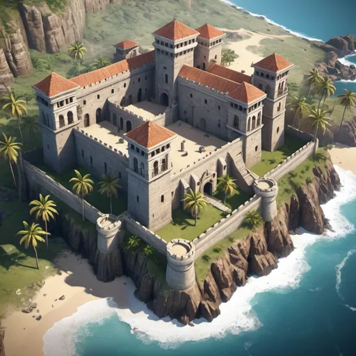 Prompt: Colonial spanish fortress and prison, entire structure, stone materials, birdview, placed near the coast surrounded by palms, immersive world-building, high quality, detailed, epic scale, rpg-fantasy