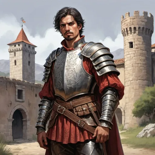 Prompt: Full body, Fantasy illustration of a spanish hidalgo, 30 years old,  short haired, traditional garment, cuirass, melancholic expression, high quality, rpg-fantasy, detailed, castle