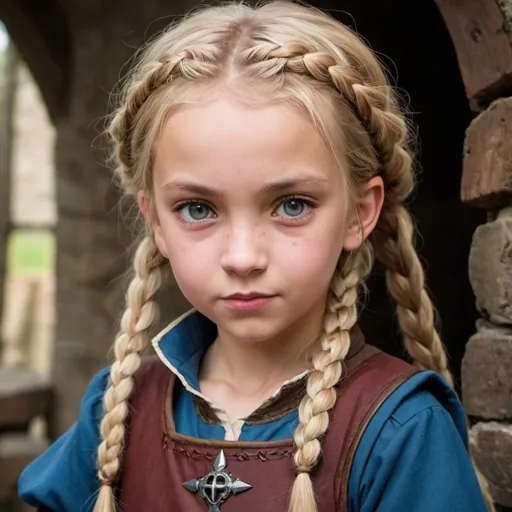 Prompt: Nine year old girl, squinting gaze, medieval clothing, cute, blond braids, rpg-fantasy, hole body