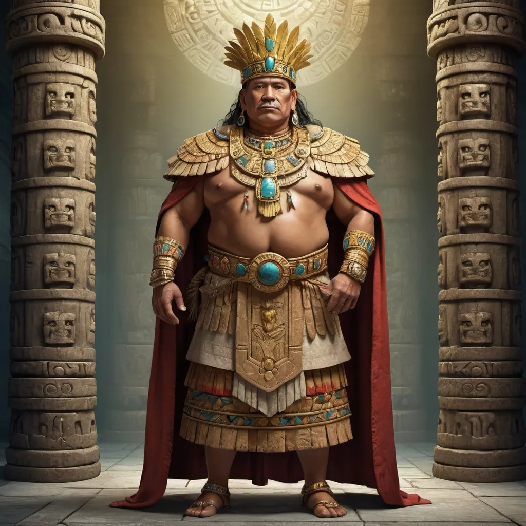 Prompt: Full body, Fantasy illustration of a male mayan king, 55 years old, full figured, delicate traditional garment, exquisitive jewellery, golden crown, curious expression, high quality, rpg-fantasy, mayan palast