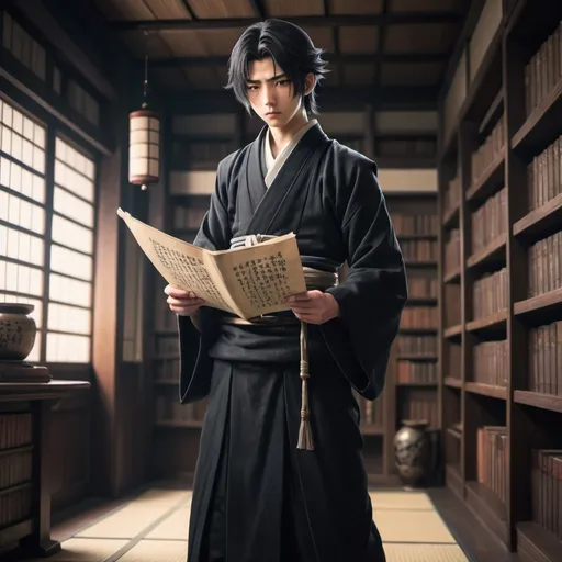 Prompt: Full body, young japanese scholar, twentysix years old, wearing black elegant japanese garment, skinny, worried expression, holding a scroll, RPG-fantasy, intense, detailed, game-rpg style, fantasy, detailed character design, atmospheric, japanese library