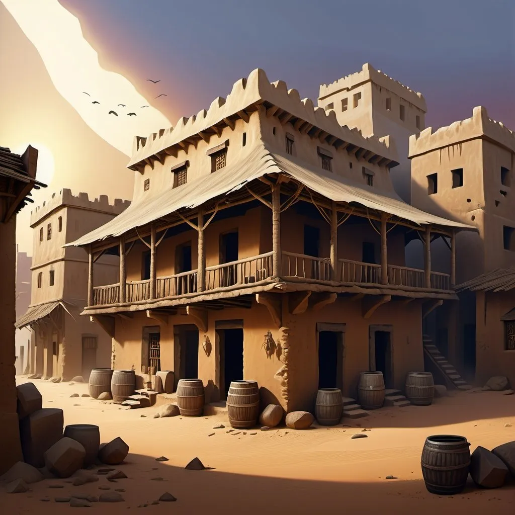 Prompt: Fantasy Illustration of a run-down tavern, western-african architecture, entire structure, limestone materials, stray roof, african style, immersive world-building, high quality, detailed, epic scale, fantasy, surrounded by an ancient african city like timbuktu, twilight