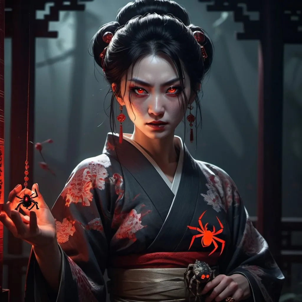 Prompt: a woman in a kimono and a spider on her arm, red glowing eyes, 
sharp teeth, delicate jewellery and ancient chinese garments, spider body, sinister look, spooky atmosphere, RPG-fantasy, intense, detailed, 
game-rpg style, dark and eerie lighting, sinister vibe, fantasy, horror