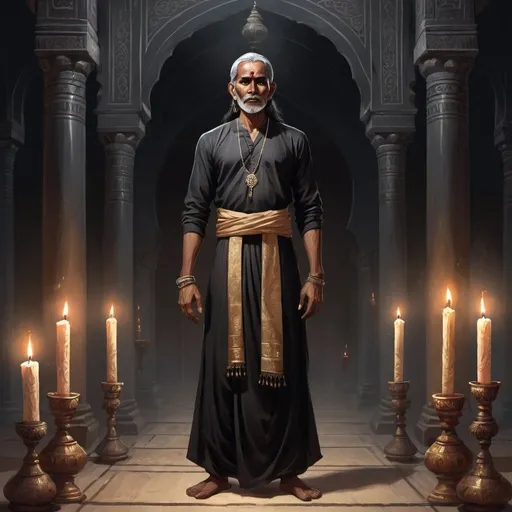 Prompt: Full body, Fantasy illustration of an indian male Cleric, priest of the god of death, 48 years old, skinny, black traditional indian garment, grieving expression, illustration, art, painting, high quality, rpg-fantasy, in a dark temple hall, candles and incense