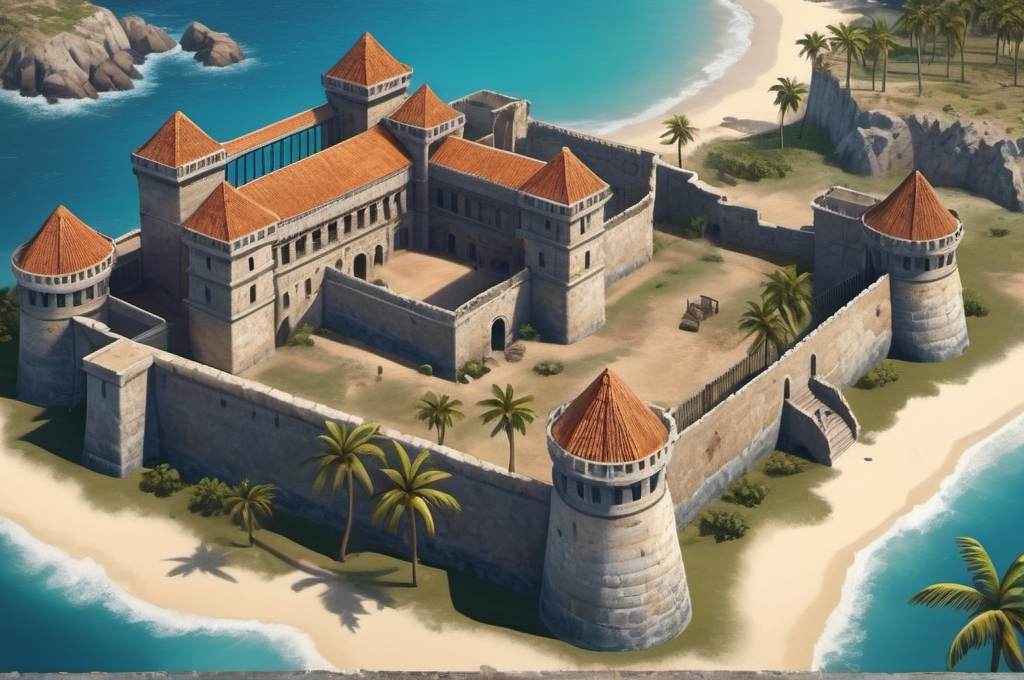 Prompt: Colonial spanish fortress and prison, entire structure, stone materials, birdview, placed near the coast surrounded by palms, immersive world-building, high quality, detailed, epic scale, rpg-fantasy