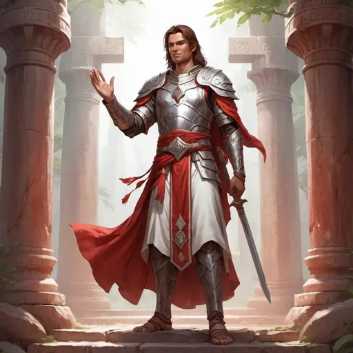 Prompt: Full body, Fantasy illustration of a brownhaired male warrior priest,  delicate silber armor, white and red  robe, kind expression, benign smile, raised hand for a blessing gesture, high quality, rpg-fantasy, indian djungle temple ruins from red limestone, mystical atmosphere