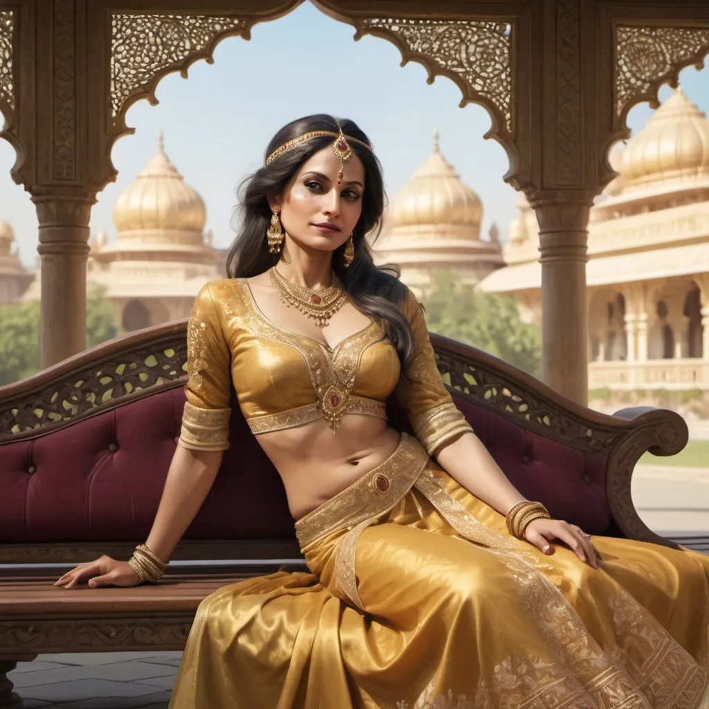 Prompt: Full body, Fantasy illustration of a female Maharani, 40 years old, delicate traditional garment, golden diadem, coquettish expression, lying on a bench, high quality, rpg-fantasy, indian palast in the background