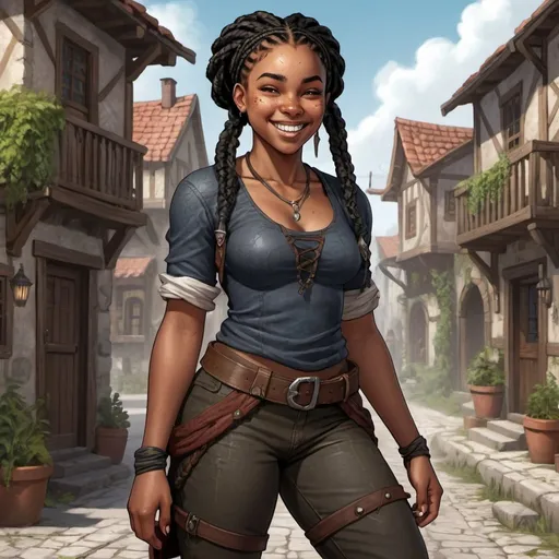 Prompt: Full body, Fantasy illustration of a black female rogue, 19 years old, full figured, beautiful, black skin, black braids, freckles, joyfull expression, laughing, high quality, rpg-fantasy, detailed, medivial town background