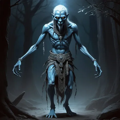 Prompt: Full body, Fantasy illustration of a  mayan ghoul, walampach, blue-skinned ghostly figure, skinny, long limbs, uncanny, white gleaming eyes, high quality, RPG-fantasy, intense, detailed, game-rpg style, dark and eerie lighting, sinister vibe, fantasy, detailed character design, atmospheric, spooky ambiance