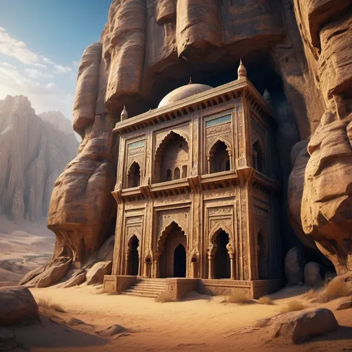 Prompt: Ancient persian rock-cut tomb in a huge cliff, desert mountains, majestic architecture, intricate carvings and ornate details, immersive world-building, high quality, ghostly atmosphere, detailed, epic scale, fantasy, game style, vibrant colors, dusk