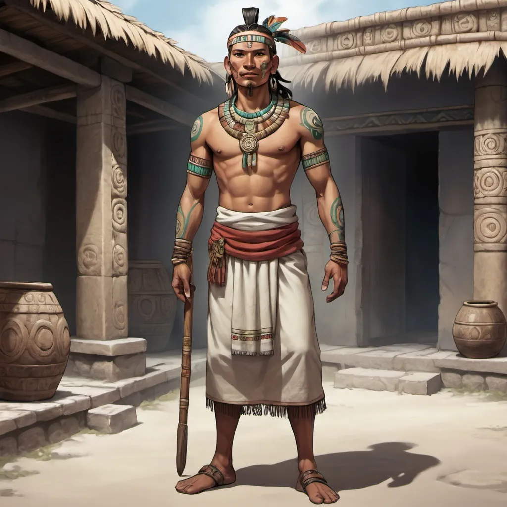 Prompt: Full body, Fantasy illustration of a male mayan servant, 35 years old, skinny, simple traditional garment, subservient expression, high quality, rpg-fantasy, mayan town