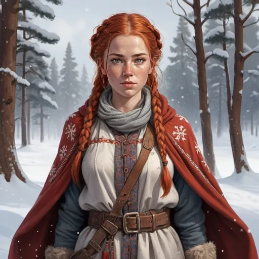 Prompt: Full body, Fantasy illustration of a female laplander, 23 years old, curious expression, traditional lappish garment, cloak, red braided hair, freckles, high quality, rpg-fantasy, detailed, snow covered lappish camp background