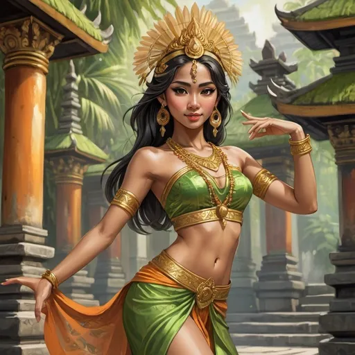 Prompt: Full body, Fantasy illustration of a female balinese dancer, 23 years old, tawny orange-brownish skin color, flirty expression, green traditional garment and golden traditional headdress, black hair, high quality, rpg-fantasy, detailed, balinese temple background