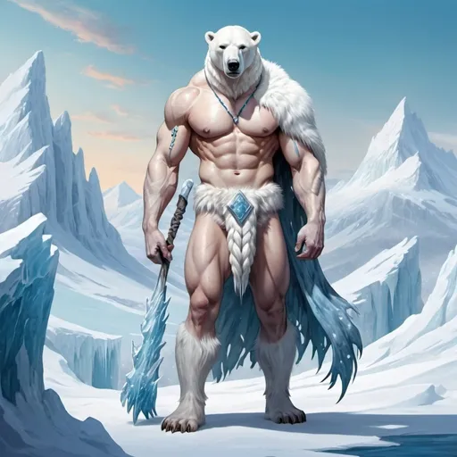 Prompt: Full body, Fantasy illustration of an the male god of winter and wilderness, muscular, celestial, pale skin-color, icy white-blueish braided hair, grim expression, wearing a polar bear fur,  icicles, snow and hunting gear, majestic pose, in a Beautiful winter landscape, vibrant colors