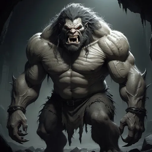 Prompt: 
Full-body, Troll, pale huge man-like creature, hulking appearance, dark grey shaggy hair, sharp teeth and tusks, muscular, bllod stains, sinister look, spooky atmosphere, RPG-fantasy, intense, detailed, game-rpg style, dark and eerie lighting, sinister vibe, fantasy, horror, brute expression, shattered cloth, detailed character design, atmospheric, spooky ambiance