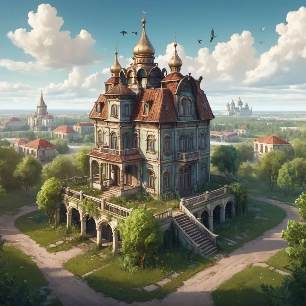 Prompt: Fantasy Illustration of a Russian Villa with a small Garden, abandoned, entire structure, birdview, immersive world-building, high quality, detailed, epic scale, rpg-fantasy, medivial Russian city in the background