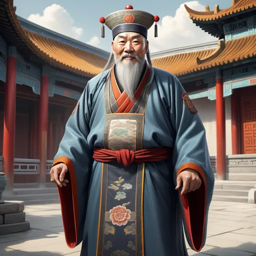 Prompt: Full body, Fantasy illustration of a male chinese official, elderly with grey hair and beard, full figured, delicate colorfull traditional garment, headwear of an chinese judge, Judge's cap, fun-loving expression, high quality, rpg-fantasy, chinese palast in background
