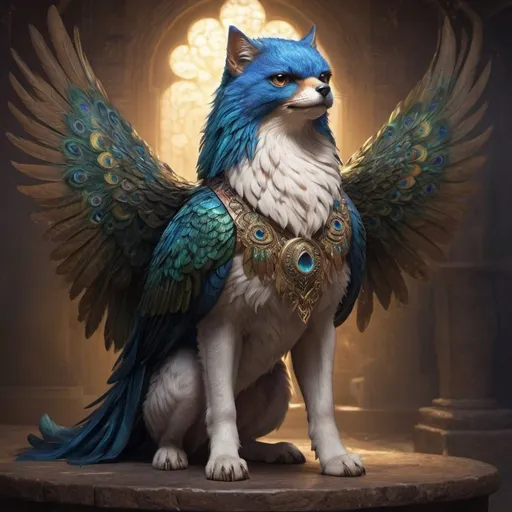 Prompt: Full body, persian mystical dog-bird-creature, head of a dog, chest of a dog, peacock tail feathers, bird of prey like talons and wings, colorfull, 
majestic appearance, mystical atmosphere, dog head, RPG-fantasy, intense, detailed, game-rpg style, bright lighting, fantasy, detailed character design, 
atmospheric, otherwordly ambiance