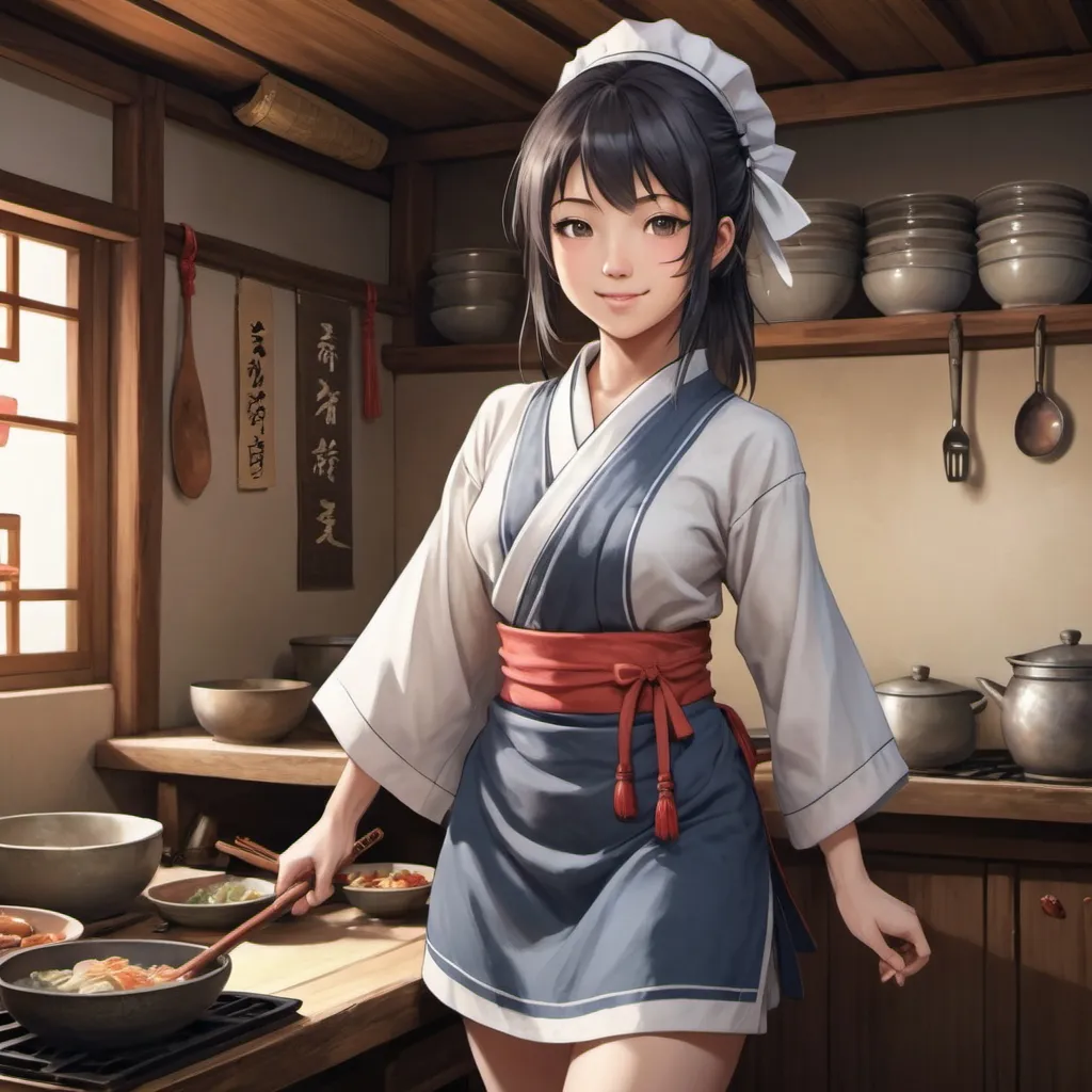 Prompt: Full body, young japanese servant, female, eighteen years old, pretty, funny, cheerful expression, 
RPG-fantasy, intense, detailed, game-rpg style, fantasy, detailed character design, atmospheric, chinese kitchen