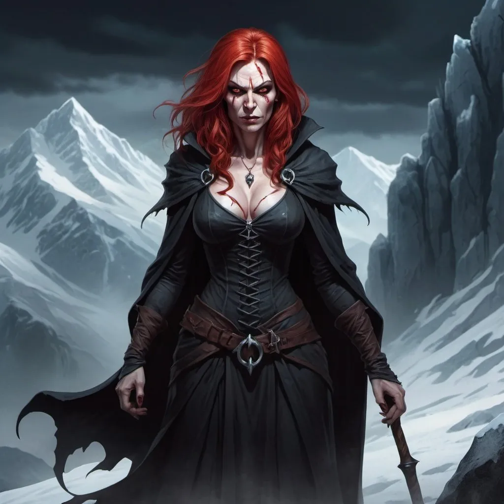 Prompt: Full body, Fantasy illustration of a evil female witch, in her thirties,red hair with a white streak, scars on the face, cruel expression, high quality, rpg-fantasy, detailed, icy mountains background, dark and eerie lighting, sinister vibe, spooky atmosphere