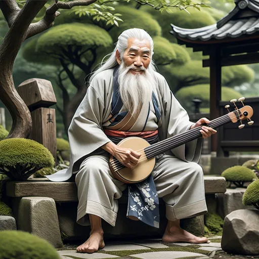 Prompt: Full body, old japanese musician, male, seventy years old, playing an instrument, white hair and long beard,  mischievous expression, smiling, RPG-fantasy, intense, detailed, game-rpg style, fantasy, detailed character design, atmospheric, japanese garden