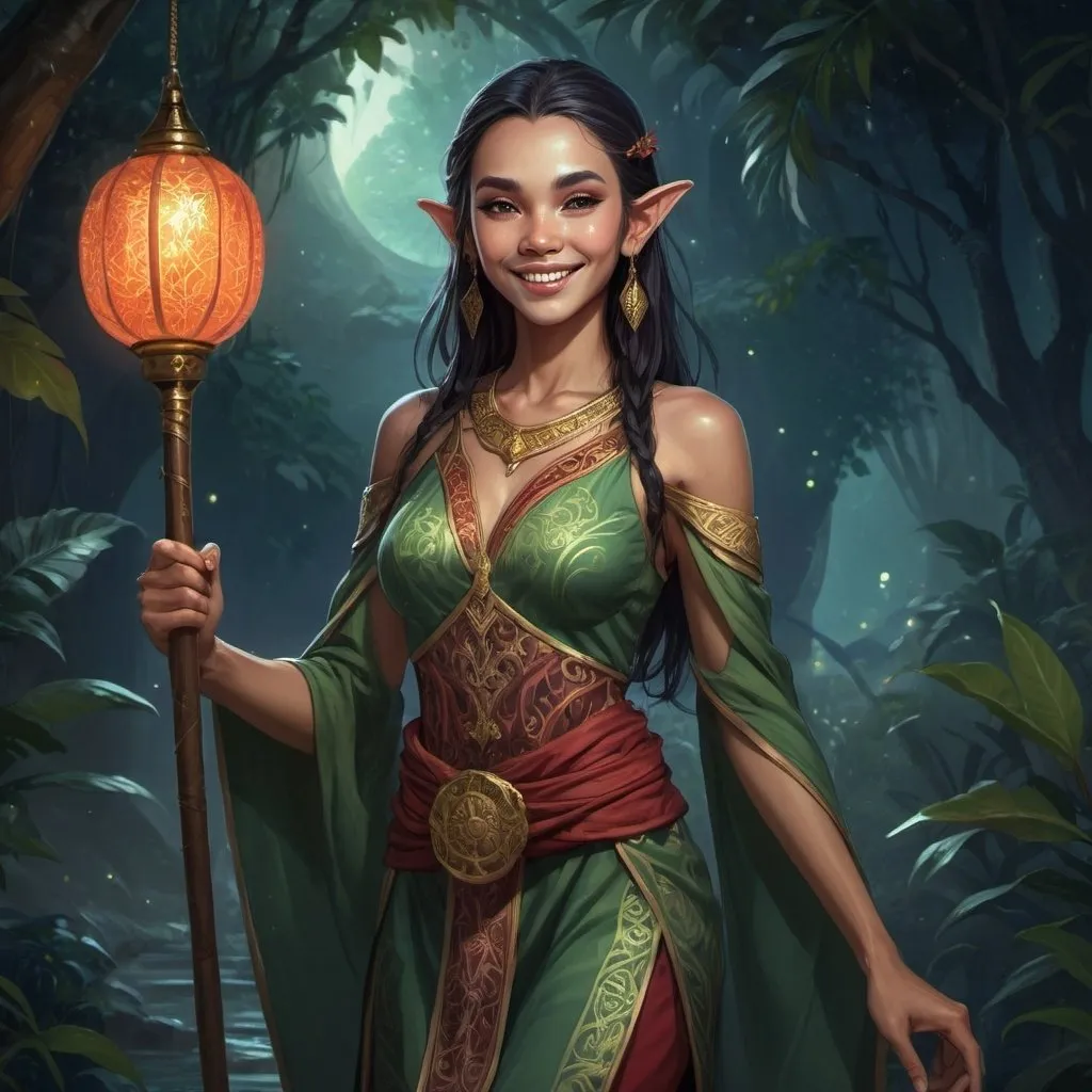 Prompt: Full body, Fantasy illustration of a malayan elf, beautiful, bright shining skin, dark hair, colorfull traditional East malayan garment, mysterious expression, smiling, high quality, rpg-fantasy, mystical lighting, detailed, djungle background, nighttime, illustrated, art