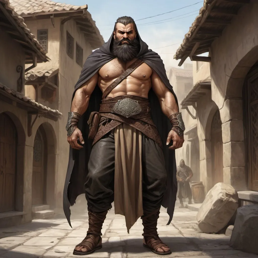 Prompt: Full body, Fantasy illustration of a persian thug, brute and irascible, stubbled beard, leather armor, aggressive expression, high quality, fantasy, cloak, male, persian town