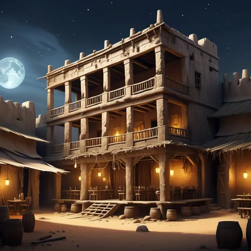 Prompt: Fantasy Illustration of a run-down tavern, western-african architecture, entire structure, limestone materials, stray roof, african style, immersive world-building, high quality, detailed, epic scale, fantasy, surrounded by an ancient african city like timbuktu, nighttime