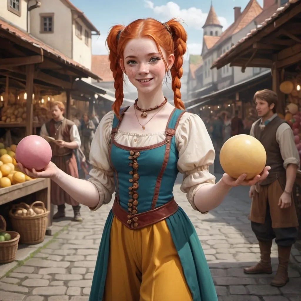 Prompt: Full body, Fantasy illustration of a young juggler, 20 years old, pretty, ginger pigtails, freckles, wearing colorful garment, pulling a face, high quality, rpg-fantasy, detailed, market place in background