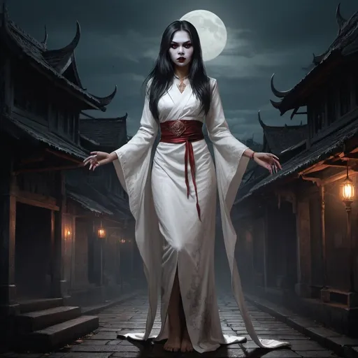 Prompt: Full body, Fantasy illustration of a Pontianak, female vampire from malayan folklore, white traditional clothing, sinister expression, high quality, rpg-fantasy, dark and eerie atmosphere, detailed, ancient malayan city background, nighttime, illustrated, art