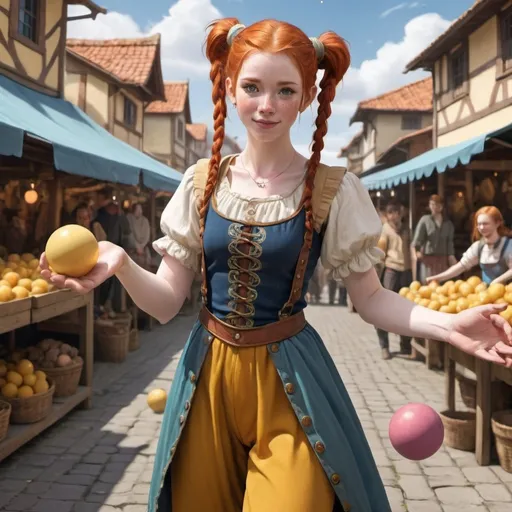 Prompt: Full body, Fantasy illustration of a young juggler, 20 years old, pretty, ginger pigtails, freckles, wearing colorful garment, pulling a face, high quality, rpg-fantasy, detailed, market place in background