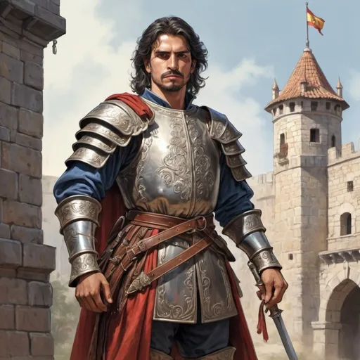 Prompt: Full body, Fantasy illustration of a spanish hidalgo, 30 years old,  traditional garment, cuirass, supercilious, expression, high quality, rpg-fantasy, detailed, castle