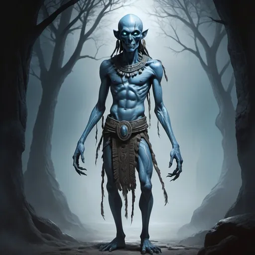 Prompt: Full body, Fantasy illustration of a  mayan ghoul, walampach, blue-skinned ghostly figure, skinny, long limbs, uncanny, white gleaming eyes, high quality, RPG-fantasy, intense, detailed, game-rpg style, dark and eerie lighting, sinister vibe, fantasy, detailed character design, atmospheric, spooky ambiance