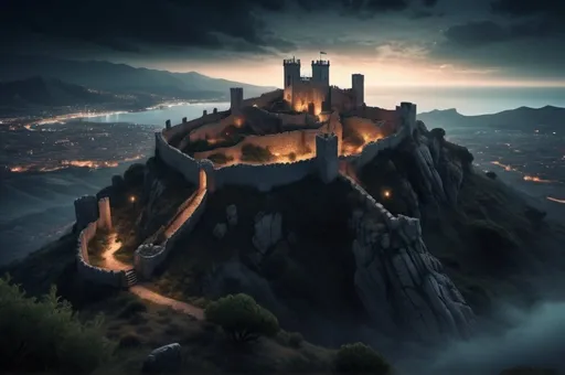 Prompt: ruins of a spanish castle, on a hill top, dark and eerie, entire structure, surrounded by a mediterranean landscape, birdview, immersive world-building, high quality, detailed, epic scale, fantasy, game style, ghostly atmosphere, nightfall