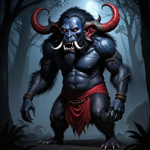 Prompt: Full body, Fantasy illustration of a Hantu Raya, creature from malayan folklore, tall and strong manlike creature, dark blue skin and thick black fur, big red gleaming eyes, long tusks, sinister expression, high quality, rpg-fantasy, dark and eerie lighting, detailed, djungle background, nighttime, illustrated, art
