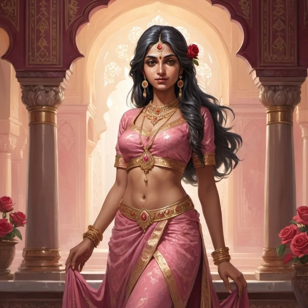 Prompt: Full body, Fantasy illustration of an indian female Cleric, priestess of the godess of love, 22 years old, beautiful, tempting traditional garment, delicate jewellery, flirty expression, high quality, rpg-fantasy, in a temple hall, rose decoration