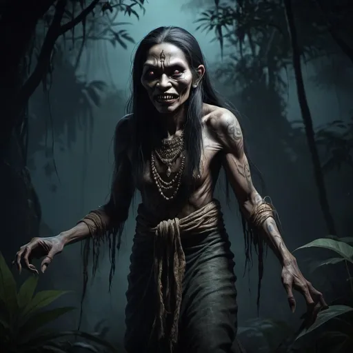 Prompt: Full body, Fantasy illustration of a Hantu Raya, creature from malayan folklore, sinister expression, high quality, rpg-fantasy, dark and eerie lighting, detailed, djungle background, nighttime, illustrated, art