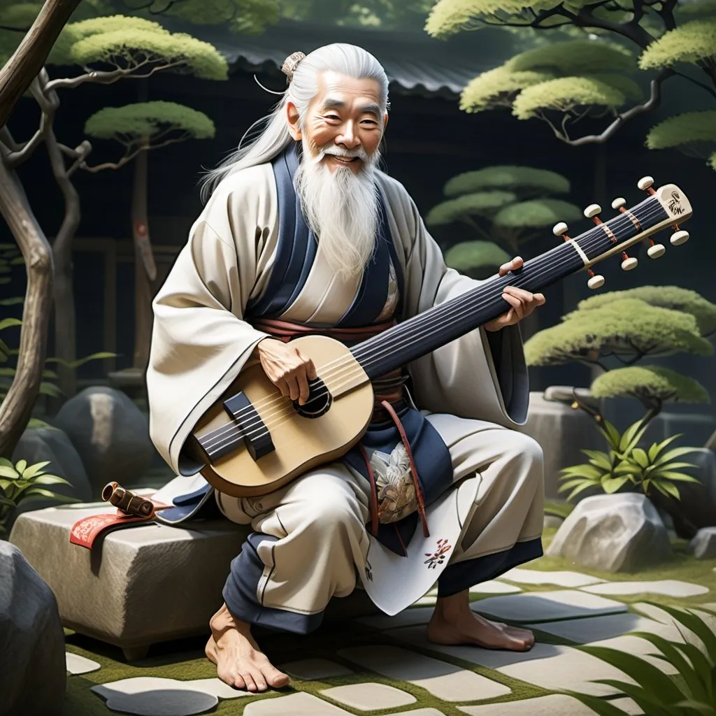 Prompt: Full body, old japanese musician, male, seventy years old, playing an japanese instrument, white hair and long beard,  mischievous expression, smiling, RPG-fantasy, intense, detailed, game-rpg style, fantasy, detailed character design, atmospheric, japanese garden