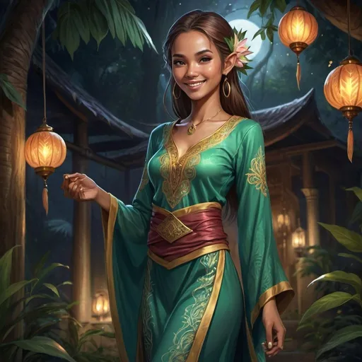 Prompt: Full body, Fantasy illustration of a female malay elf, beautiful, tawny skin, dark hair, malayan hairstyle, colorfull traditional  malayan garment baju kurung, mysterious expression, smiling, high quality, rpg-fantasy, mystical lighting, detailed, djungle background, nighttime, illustrated, art