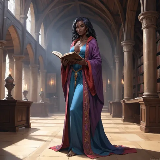 Prompt: full body, Sorceress, black skin, In her forties, intelligent, shy, decent beauty, book in hand, medivial style colorfull robe, great hall, rpg-fantasy