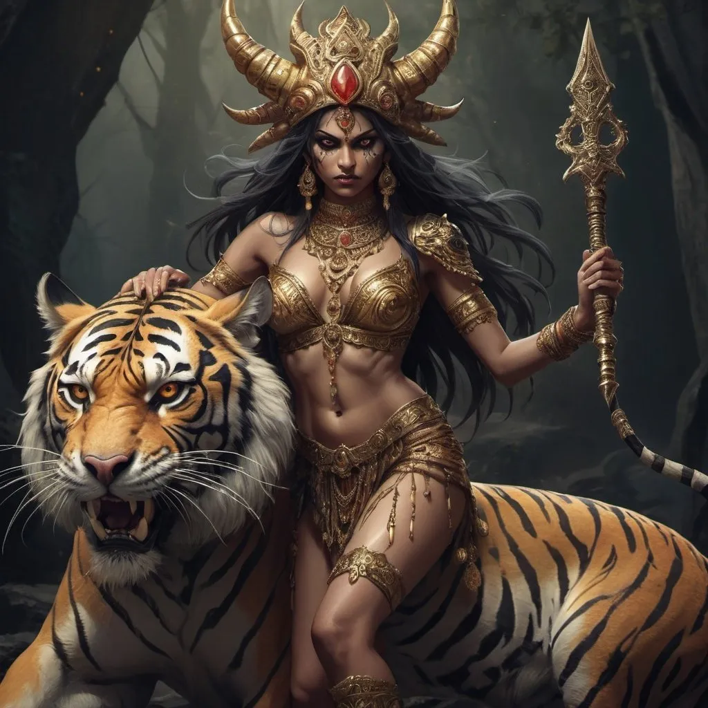 Prompt: evil female indian demon, riding a tiger, beautiful, tempting, full body, sinister, delicate jewelry, golden headgear, otherworldly appearance, holding a dagger, game-rpg style, detailed, highres, fantasy, Indian mythology, sinister gaze, intricate details, ominous atmosphere