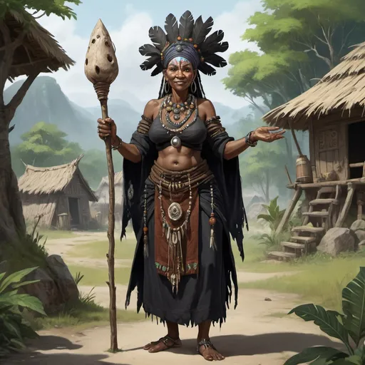 Prompt: Full body, Fantasy illustration of a female black shaman, 60 years old, traditional garment, mischievous expression, high quality, rpg-fantasy, djungle settlement