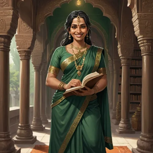 Prompt: Full body, Fantasy illustration of an indian female Cleric, priestess of the godess of wisdom, 34 years old, full figured, dark green traditional indian garment, smiling, inquisitive expression, high quality, rpg-fantasy, in a temple hall, scrolls and books