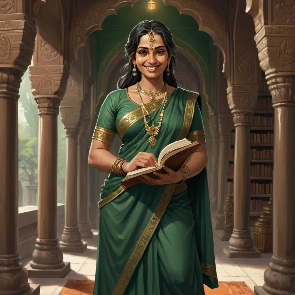 Prompt: Full body, Fantasy illustration of an indian female Cleric, priestess of the godess of wisdom, 34 years old, full figured, dark green traditional indian garment, smiling, inquisitive expression, high quality, rpg-fantasy, in a temple hall, scrolls and books