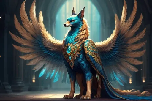 Prompt: Full body, persian mystical dog-bird-creature, head of a dog, chest of a dog, peacock tail feathers, bird of prey like talons and wings, colorfull, majestic appearance, mystical atmosphere, dog head, RPG-fantasy, intense, detailed, game-rpg style, bright lighting, fantasy, detailed character design, atmospheric, otherwordly ambiance, desert mountains