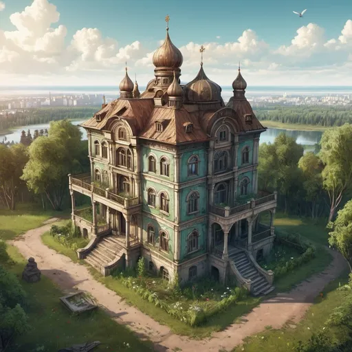 Prompt: Fantasy Illustration of a Russian Villa with a small Garden, abandoned, entire structure, birdview, immersive world-building, high quality, detailed, epic scale, rpg-fantasy, medivial Russian city in the background