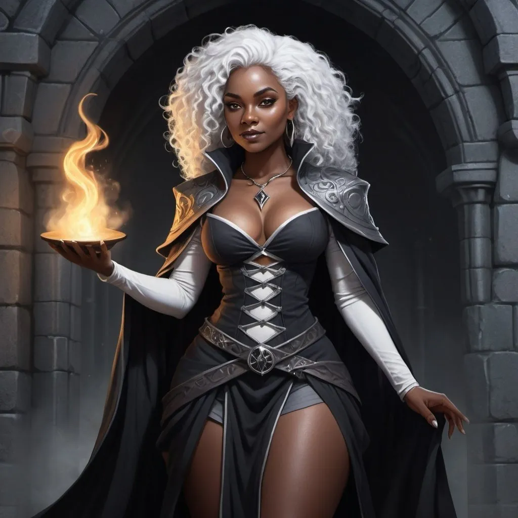 Prompt: Full body, Fantasy illustration of a black female warlock, 25 years old, full figured, beautiful, dark black skin, white curly hair, elegant grey wizardrobe, delicate makeup, mischievous expression, spiteful smile, casting a ritual, high quality, rpg-fantasy, detailed, dark wizard tower background