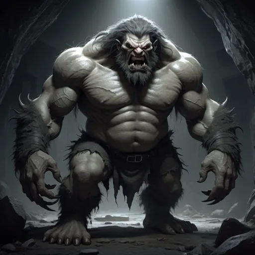 Prompt: 
Full-body, Troll, pale huge man-like creature, hulking appearance, dark grey shaggy hair, sharp teeth and tusks, muscular, sinister look, spooky atmosphere, RPG-fantasy, intense, detailed, game-rpg style, dark and eerie lighting, sinister vibe, fantasy, horror, brute expression, shattered cloth, detailed character design, atmospheric, spooky ambiance